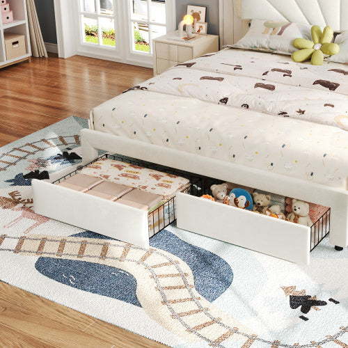 Pholstered Bed, Adults Teenagers 4ft6 Double Bed 135x190cm, Shell Shape Backrest, 2 Drawers, Iron Bed Legs, With 16 Colors LED-light Strips, Velvet Iron, Beige