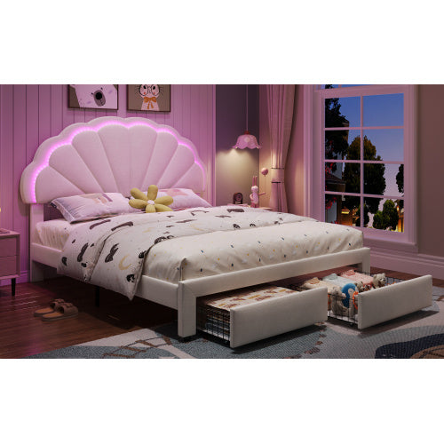 Pholstered Bed, Adults Teenagers 4ft6 Double Bed 135x190cm, Shell Shape Backrest, 2 Drawers, Iron Bed Legs, With 16 Colors LED-light Strips, Velvet Iron, Beige
