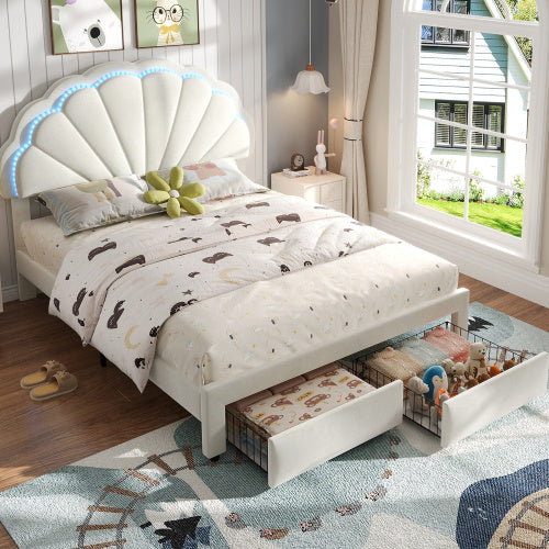 Pholstered Bed, Adults Teenagers 4ft6 Double Bed 135x190cm, Shell Shape Backrest, 2 Drawers, Iron Bed Legs, With 16 Colors LED-light Strips, Velvet Iron, Beige