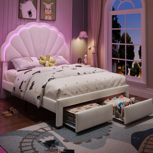 Pholstered Bed, Adults Teenagers 4ft6 Double Bed 135x190cm, Shell Shape Backrest, 2 Drawers, Iron Bed Legs, With 16 Colors LED-light Strips, Velvet Iron, Beige