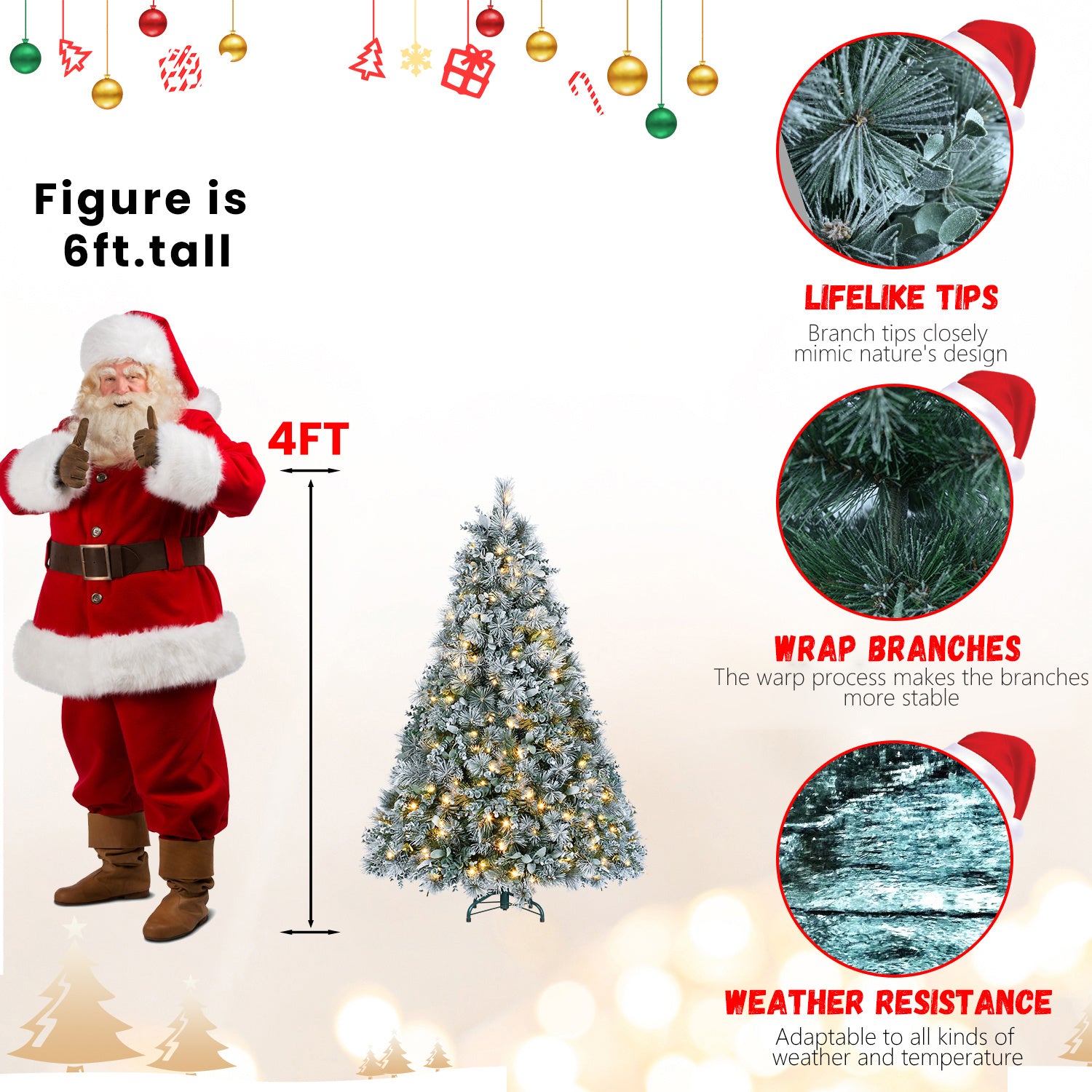 4FT Snow Flocked Christmas Tree Premium Artificial Christmas Tree With 404 Mixed PE Leaves & Tips, Small Realistic Full Pine Unlit Faux Xmas Tree With Snow For Home Office Holiday Decor