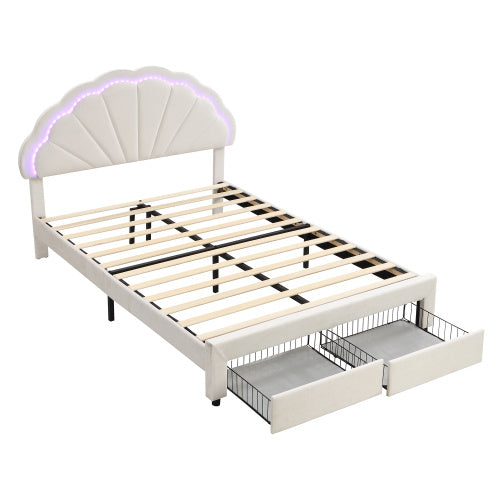 Pholstered Bed, Adults Teenagers 4ft6 Double Bed 135x190cm, Shell Shape Backrest, 2 Drawers, Iron Bed Legs, With 16 Colors LED-light Strips, Velvet Iron, Beige
