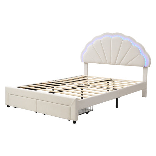 Pholstered Bed, Adults Teenagers 4ft6 Double Bed 135x190cm, Shell Shape Backrest, 2 Drawers, Iron Bed Legs, With 16 Colors LED-light Strips, Velvet Iron, Beige