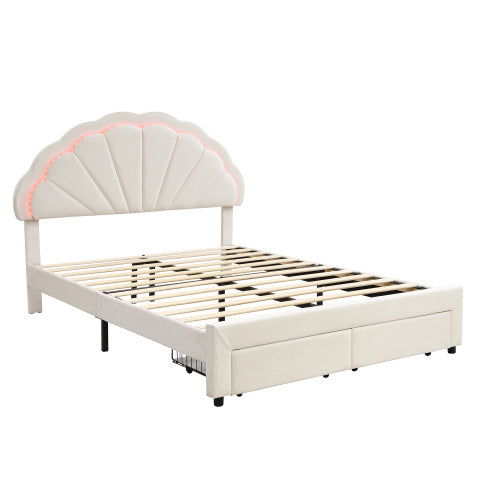 Pholstered Bed, Adults Teenagers 4ft6 Double Bed 135x190cm, Shell Shape Backrest, 2 Drawers, Iron Bed Legs, With 16 Colors LED-light Strips, Velvet Iron, Beige