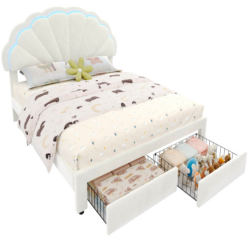 Pholstered Bed, Adults Teenagers 4ft6 Double Bed 135x190cm, Shell Shape Backrest, 2 Drawers, Iron Bed Legs, With 16 Colors LED-light Strips, Velvet Iron, Beige