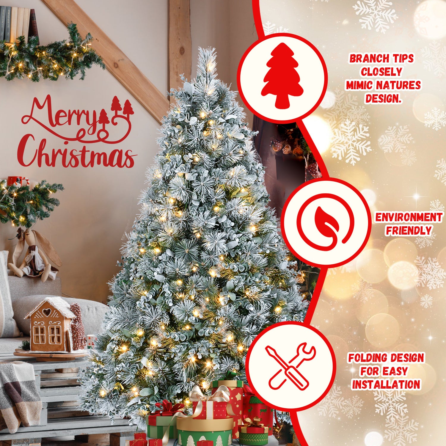 4FT Snow Flocked Christmas Tree Premium Artificial Christmas Tree With 404 Mixed PE Leaves & Tips, Small Realistic Full Pine Unlit Faux Xmas Tree With Snow For Home Office Holiday Decor